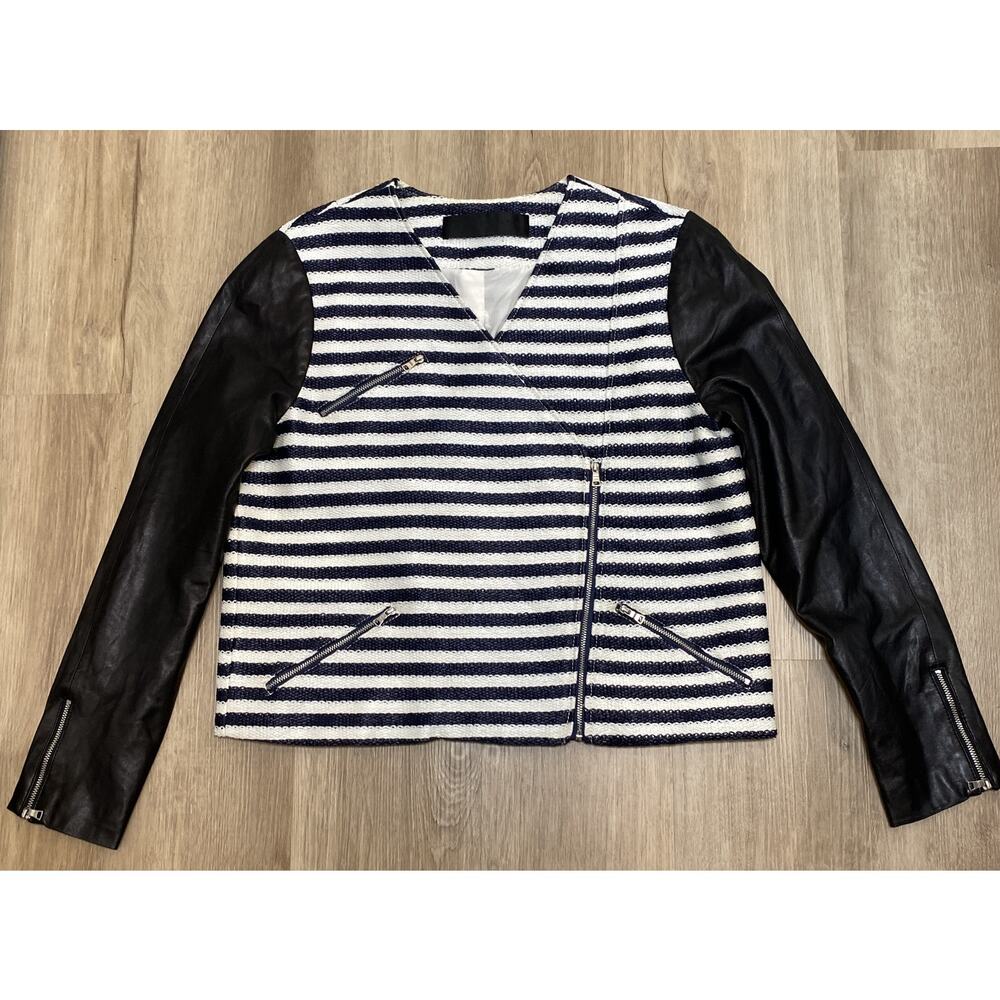 JENNI KAYNE Moto Navy Striped Leather Coat Size Large